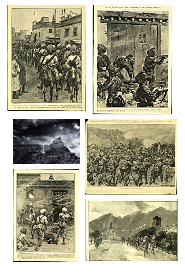 Sketches of Lt-Col Sir Francis Edward Younghusband’s Tibet expedition with 23 Sikh Pioneers and 32 Sikh Pioneers. They appeared in LIFE magazine in the early 1900s. (From top, L-R) 1. Sikh soldiers march through Lhasa 2. Sikh soldiers in action at Gyantse Fort 3. Gyantse Fort (Photo by Amardeep Singh – July 2012) 4. Col Younghusband’s forces in action at Guru in Tibet 5. Sikh soldiers clearing ammunition at Gyantze Fort after its occupation 6. Sikh soldiers marching on Tibetan plateau.  - AMARDEEP SINGH