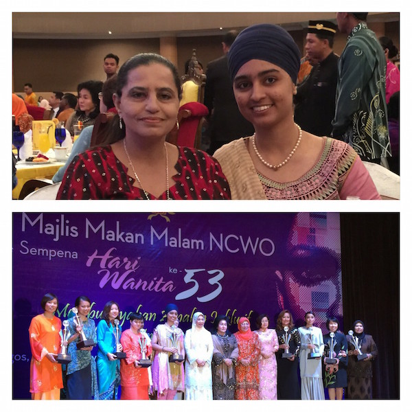 Top: Inderjit with her proud mum. Below: Inderjit and other recipients of the NCWO women's award in Kuala Lumpur on 24 Aug 2015. 