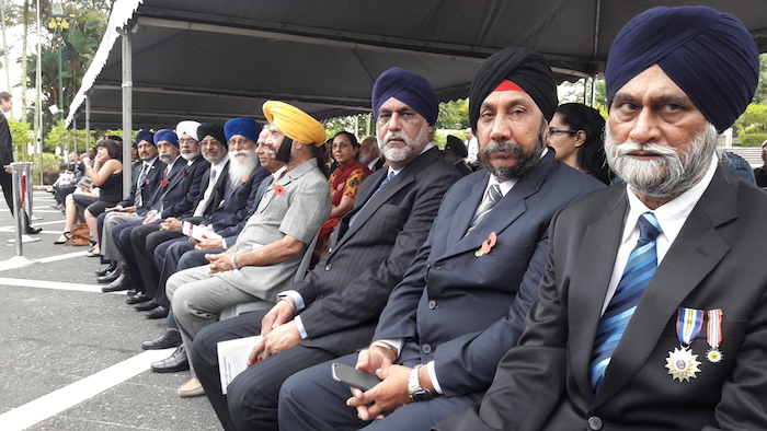 Retired Sikh from the Malaysian armed forces and representatives of CMSO seated in the front row at the Remembrance Day service in Kuala Lumpur on 8 Nov 2015. Also present were retire policemen. (R-L) are ASP (Rt) Saran Singh and Sub-Inspector (Rt) Gurdial Singh - PHOTO ASIA SAMACHAR