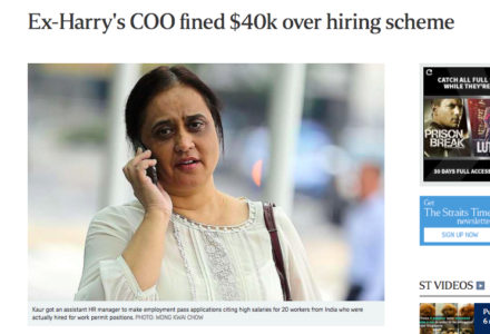 FINED: Singapore Straits Times report on ex-Harry's COO Parmjit Kaur fined for foreign workers permit issues. - PHOTO / ASIA SAMACHAR