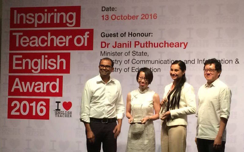 Sukhjeet Kaur (third from left) emerged as a recipient of Inspiring Teacher of English Award 2016. Singapore minister Dr Janil Puthucheary (left) was the guest of honour - PHOTO / CHIJ Katong Convent Facebook