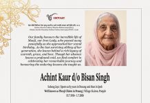 Achint Kaur Bisan Singh (1924 – 2026), Subang Jaya, Formerly Penang & Ipoh