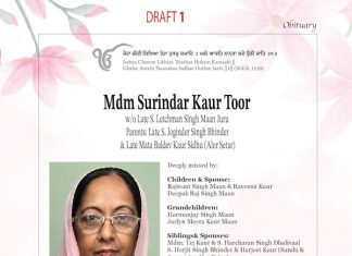 Mdm Surindar Kaur Toor w/o Late S. Letchman Singh Maan Juru